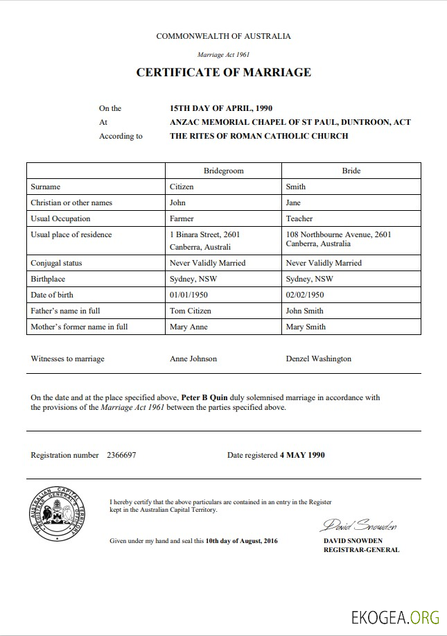 Australie Modèle de certificat de mariage du Territoire de la capitale australienne dans Word
